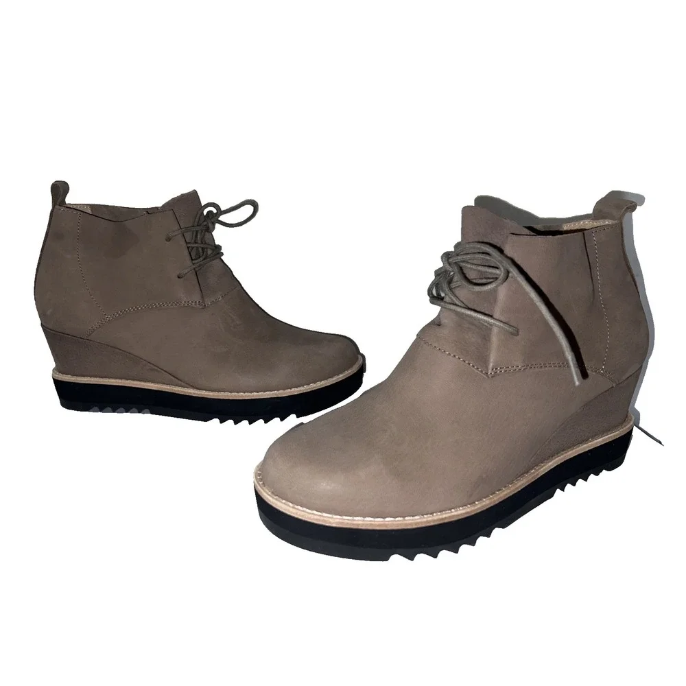 EILEEN FISHER Shoes Women's Size 9 Brown Nubuck Leather Capa Wedge Boots Booties